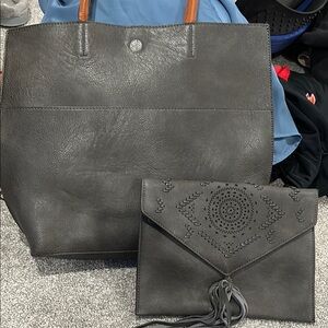 Elegant Gray Leather Tote and Clutch Set (reversible)